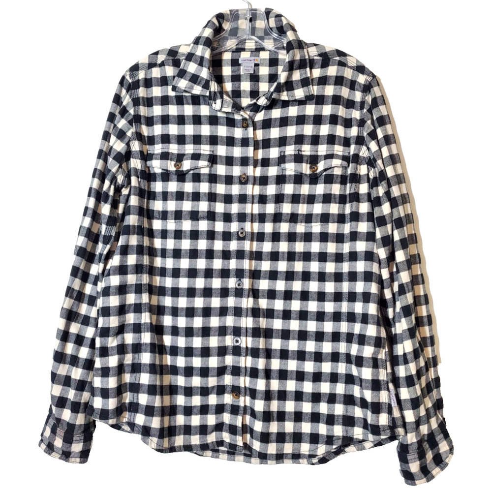 Carhartt Womens‎ Large Top Flannel Button Down Black Cotton Plaid Long Sleeve